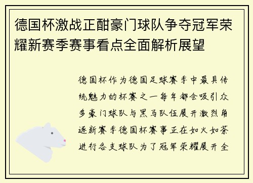 德国杯激战正酣豪门球队争夺冠军荣耀新赛季赛事看点全面解析展望